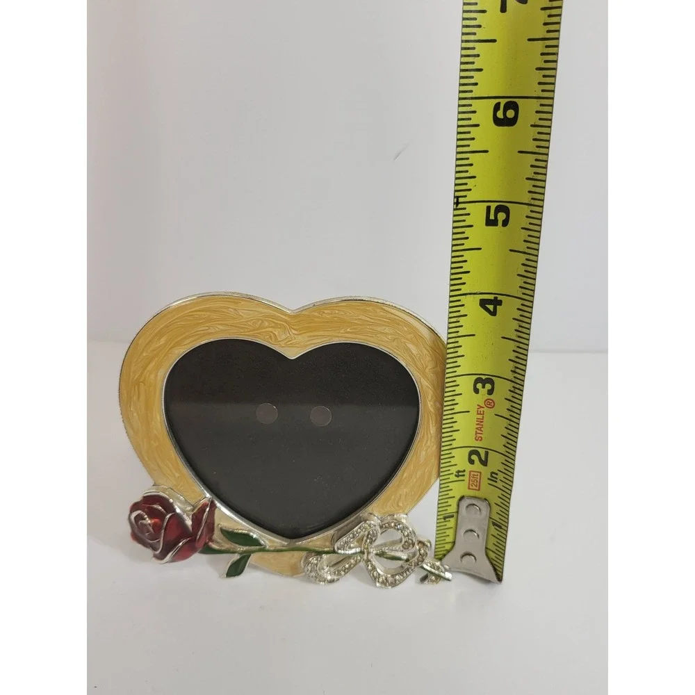 Gorham 1831 Heart Picture Frame Silver Tone Red Rose Rhinestone Bow Enameled